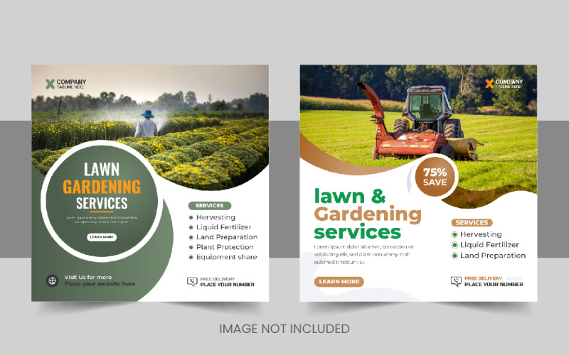 Serviços agrícolas de agricultura moderna postagem de mídia social ou modelo de design de banner para cuidados com o gramado Layout