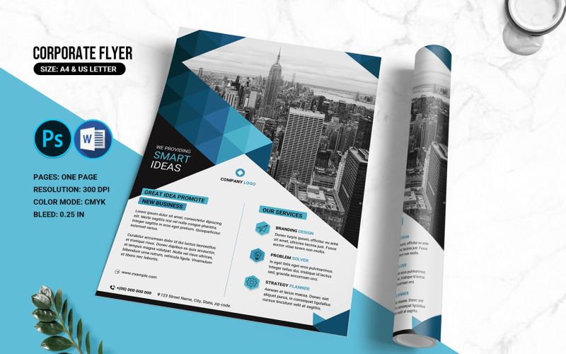 Vorlage für Unternehmensflyer. MS Word- und Photoshop-Vorlage