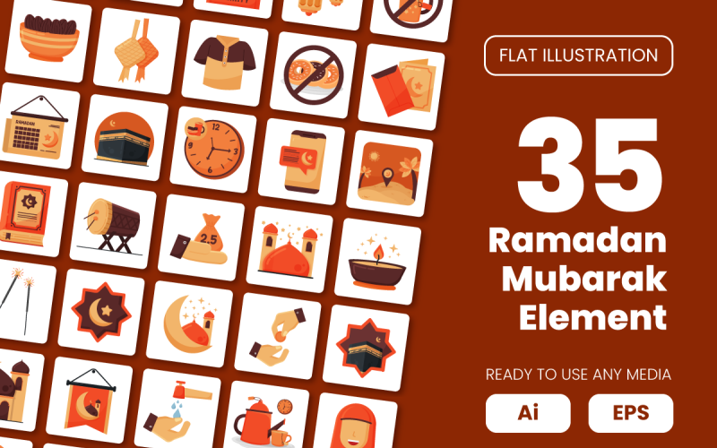 Collection d'éléments Ramadan Moubarak en illustration plate