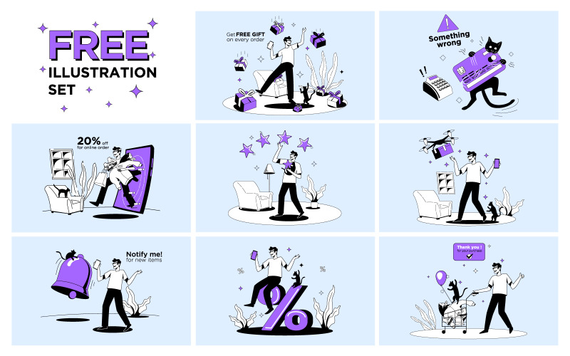 Kostenlose Online-Shopping-Konzept-Illustrationsset-Vektorgrafiken