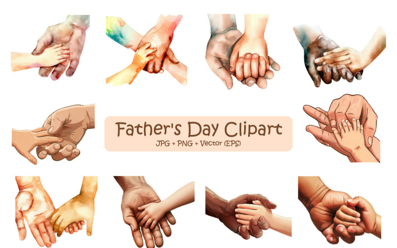 Acquerello Happy Father's Day con illustrazione della mano del padre e del figlio
