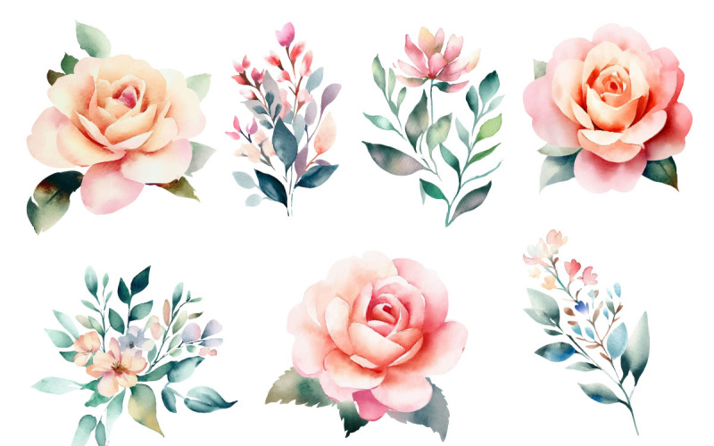 Ilustración de ramo de flores color de rosa acuarela