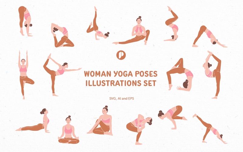 Rózsaszín barna nő jóga pózok illusztráció készlet