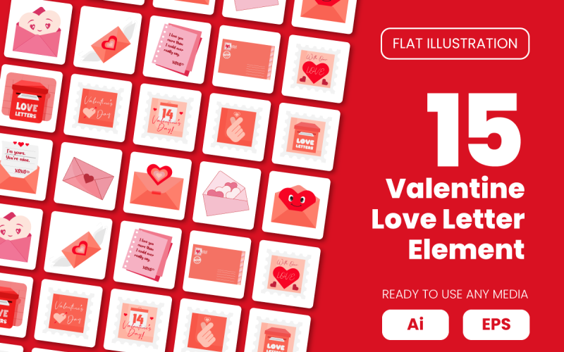 Verzameling van Valentine Love Letter Element in vlakke afbeelding