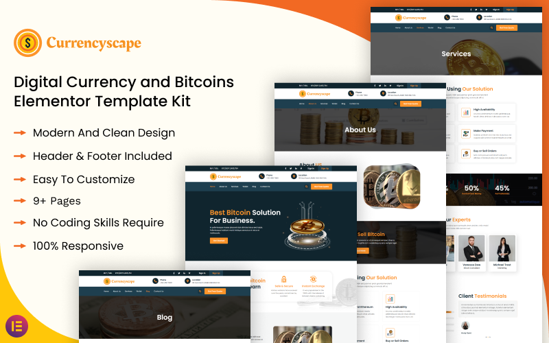 Currencyscape - Kit modello Elementor per valuta digitale e Bitcoin
