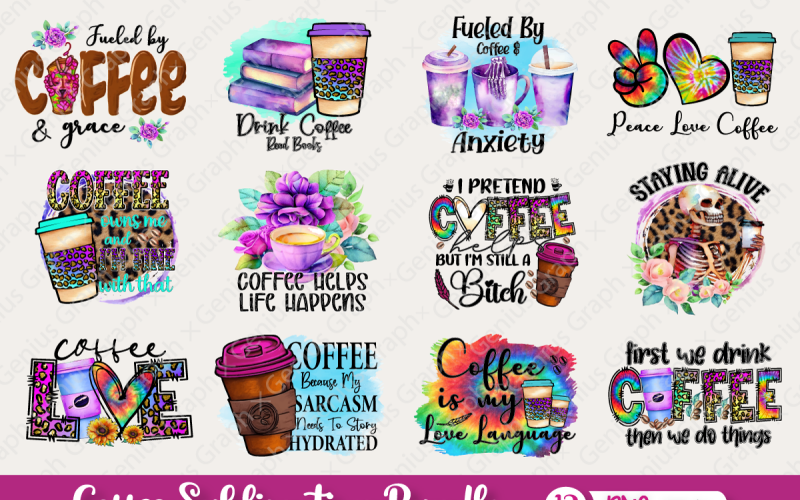 Café Sublimação PNG Pacote 12 Designs | Design de café