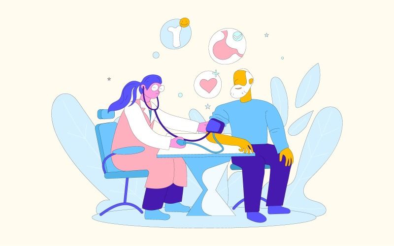 Dokter in gesprek met patiënt, arts, dokter check-up oude persoon vectorillustratie