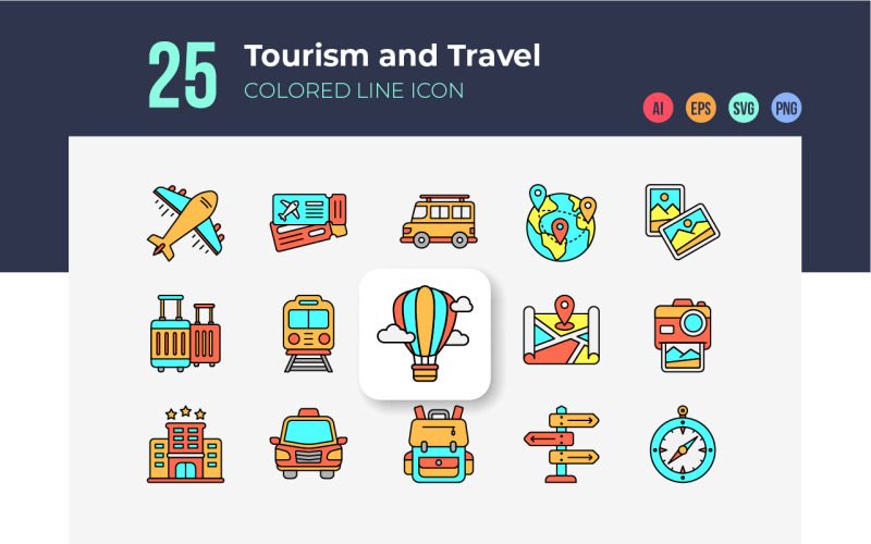 Icone del turismo e dei viaggi Linea colorata