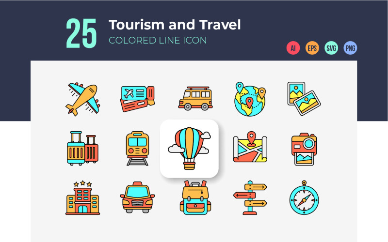 Toerisme en reizen pictogrammen gekleurde lijn