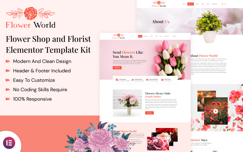 Flower World — zestaw szablonów Elementor do sprzedaży kwiatów online