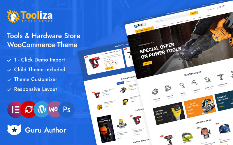 Tooliza — магазин инструментов и оборудования Elementor Адаптивная тема для WooCommerce