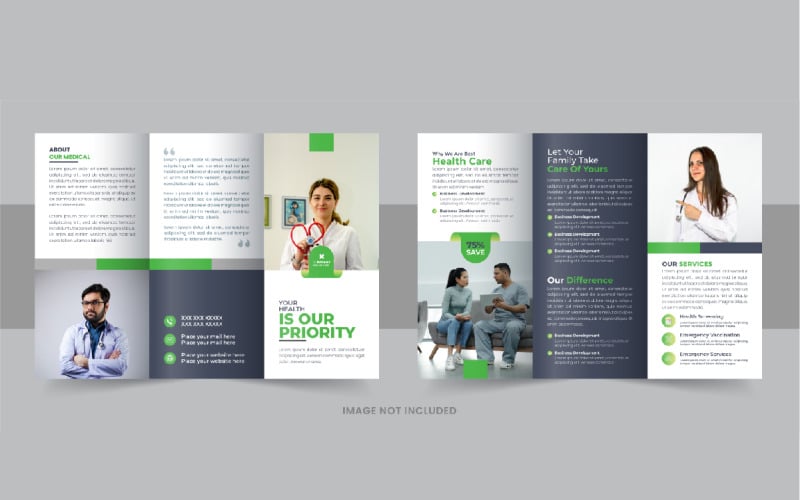 Diseño de plantilla de folleto tríptico de centro médico o de atención médica