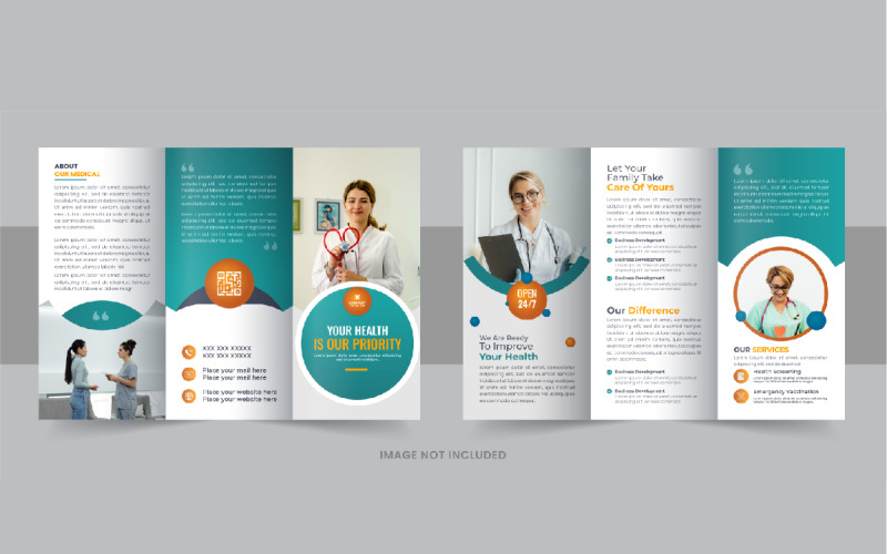 Gezondheidszorg of medisch centrum driebladige brochure ontwerpsjabloon lay-out