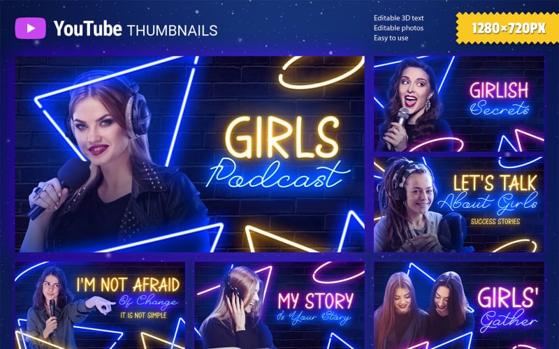 Neon YouTube-thumbnails voor meiden-podcast