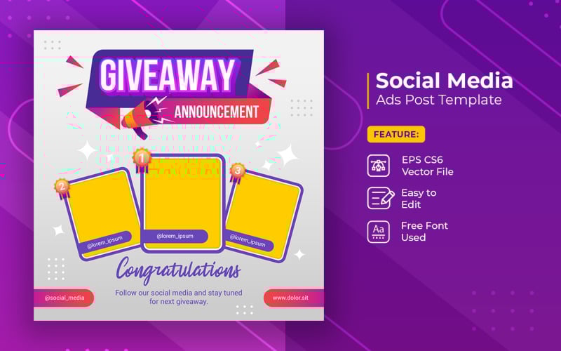 Plantilla de banner de publicación de redes sociales de anuncio de ganador de sorteo