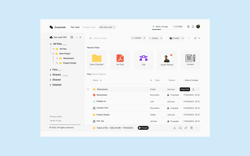 Design de interface do usuário do painel de gerenciamento de armazenamento