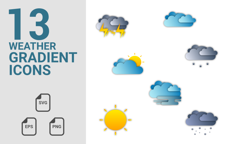 Clima - Conjunto de iconos de 13 gradientes para diseño web y gráfico