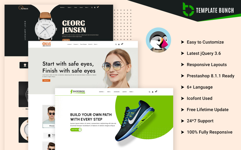 Fly – Uhr und Schutzbrille mit Schuhen – Responsives Prestashop-Theme für E-Commerce