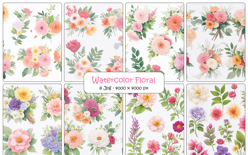水彩花叶设计、粉红花枝背景、花卉植物套装