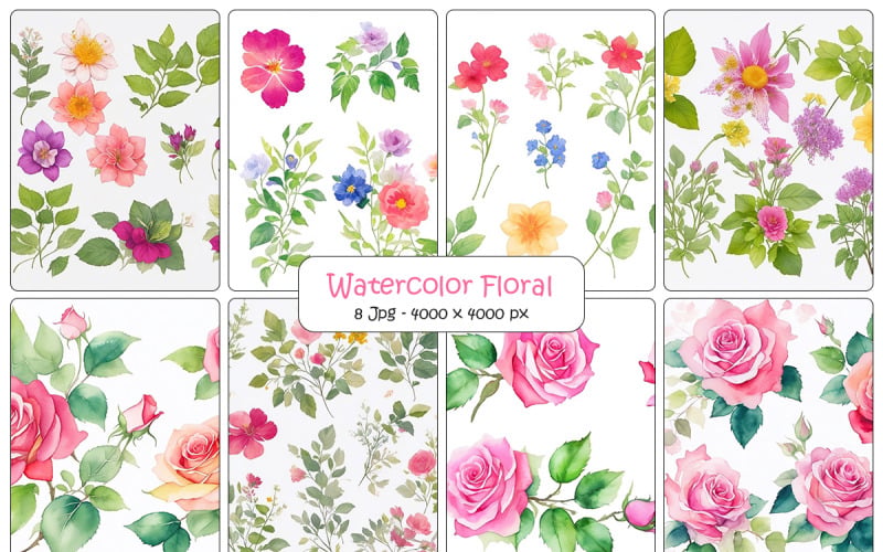 水彩花叶艺术设计、粉红花枝背景、花卉植物套装