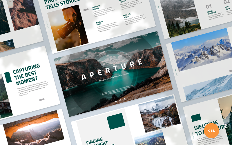 Aperture - Apresentação de Portfólio de Fotografia Google SlidesTemplate