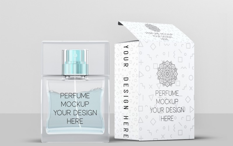 Bouteille de parfum et maquette de boîte