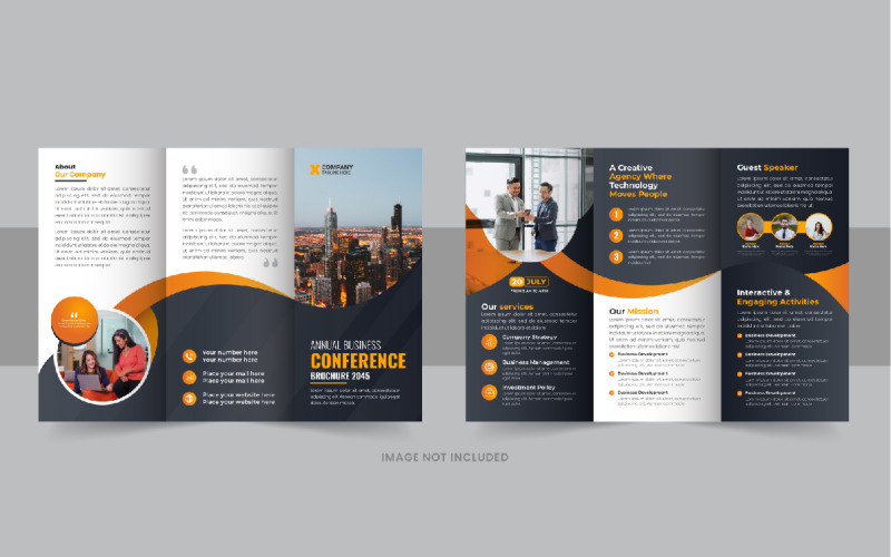 Design de brochura com três dobras para conferência de negócios