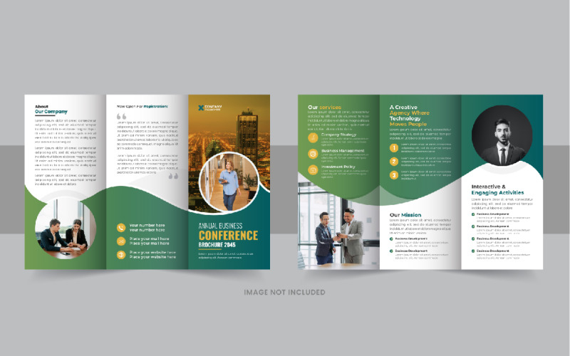 Zakelijke conferentie driebladige brochure ontwerp lay-out