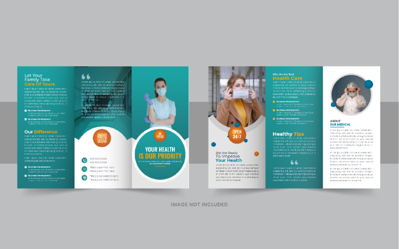 Šablona návrhu trojdílné brožury zdravotní péče nebo lékařské služby