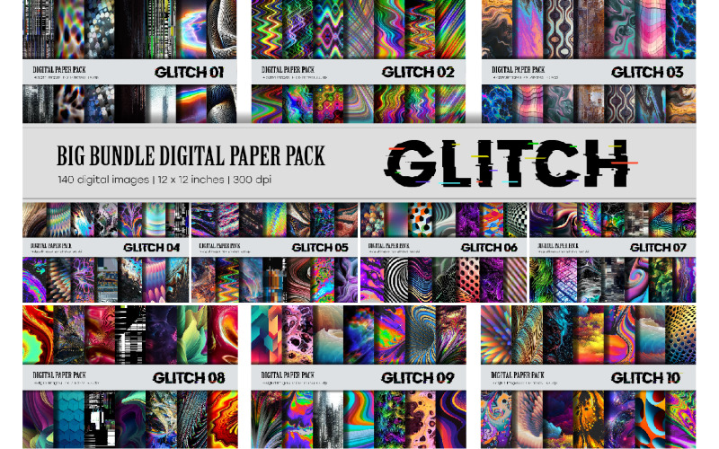 Big Bundle Glitch Psicodélico. Conjuntos de papel digital.