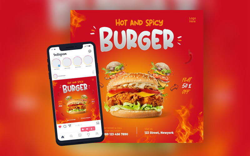 Pittige Burger Food Restaurant Social Media Post-sjabloon
