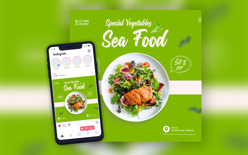 Plantilla de redes sociales de Instagram de mariscos y vegetales verdes