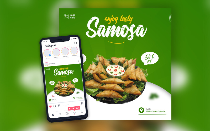 Modelo de postagem de mídia social de restaurante de menu de comida Samosa