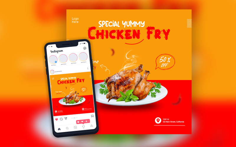 Plantilla de publicación en redes sociales de restaurante de menú de comida frita de pollo