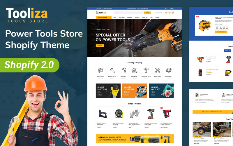 Tooliza – Адаптивна тема Shopify 2.0 для магазину автомобілів, інструментів і обладнання