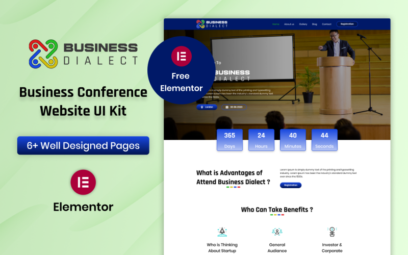 Business Dialect - Kit Elementor para sitio web de conferencias de negocios