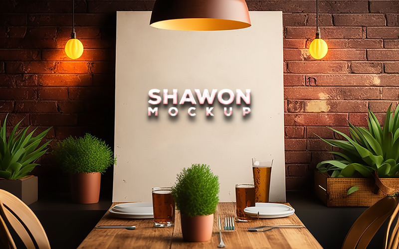 Макет Shawon | Макет логотипу ресторану Sing | Білий billboard & цегляна стіна фону.