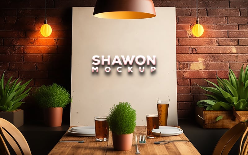 Shawon Mockup | Restaurant Sing Logo Mockup | White billboard & brick wall Background.