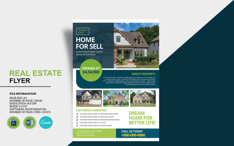Modello di volantino per agenzia immobiliare. Modello Ms Word, Canva e Photoshop