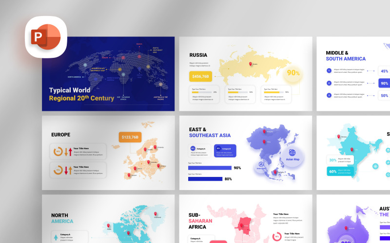 Plantilla de presentación de mapa regional mundial típica del siglo XX