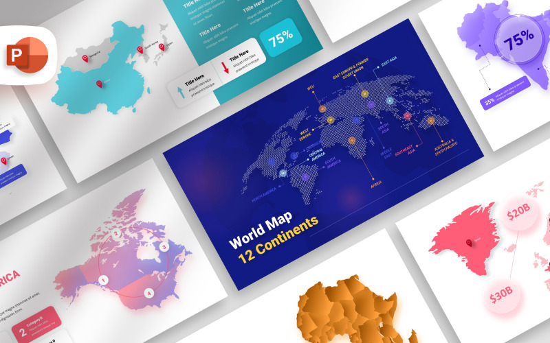 Plantilla de presentación de los 12 continentes del mapa mundial