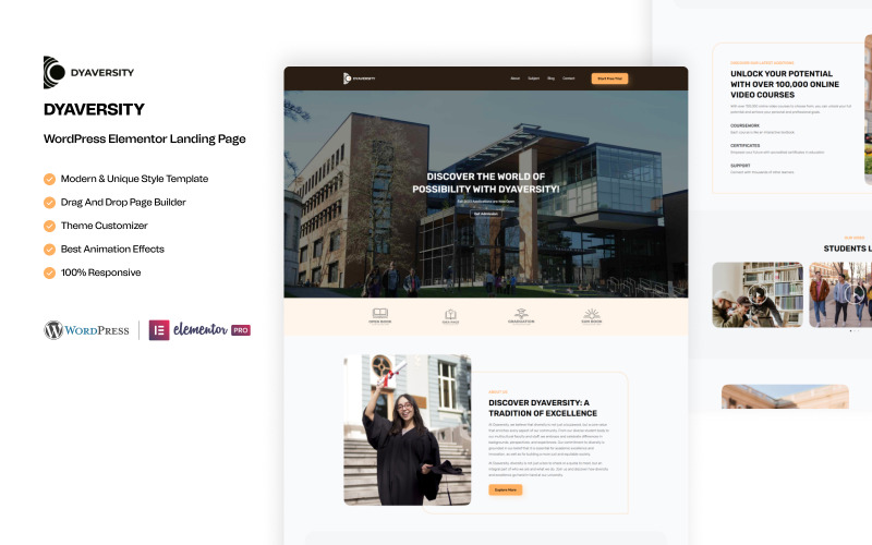 Dyaversity – Pagina di destinazione WordPress Elementor per l'istruzione universitaria e universitaria