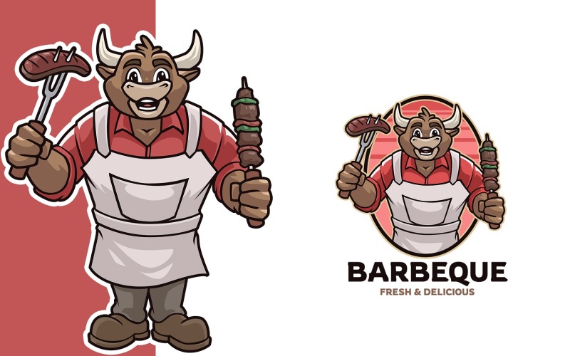 Modello di logo mascotte bistecca barbecue
