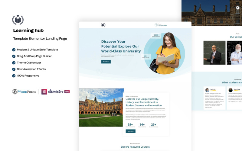 Learning Hub – Úvodní stránka WordPress Elementor pro vysokoškolské a univerzitní vzdělávání