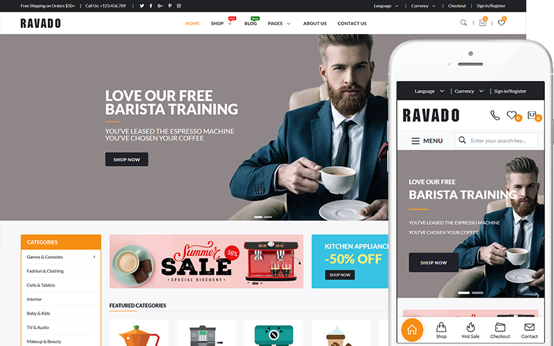 Ravado - Інтернет-магазин кав'ярень і напоїв Тема WooCommerce