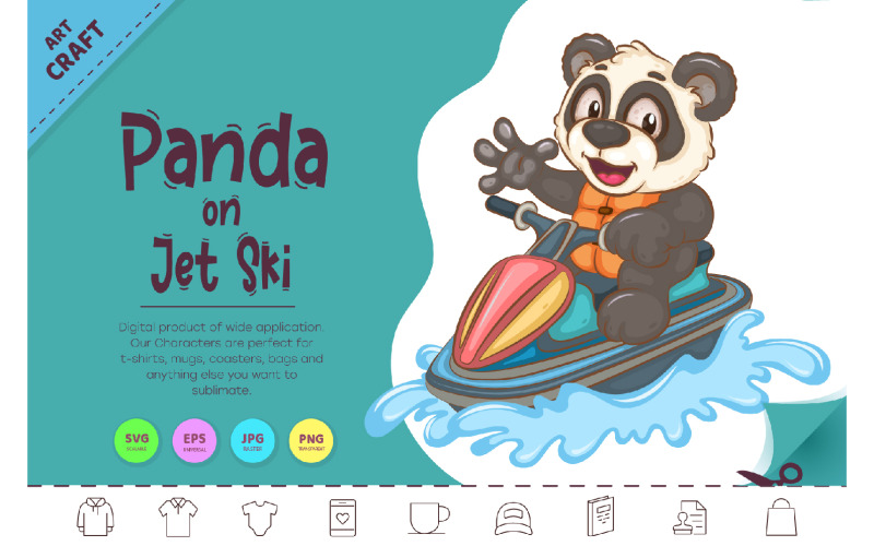 Panda de dibujos animados en Jet Ski. Arte de animales.