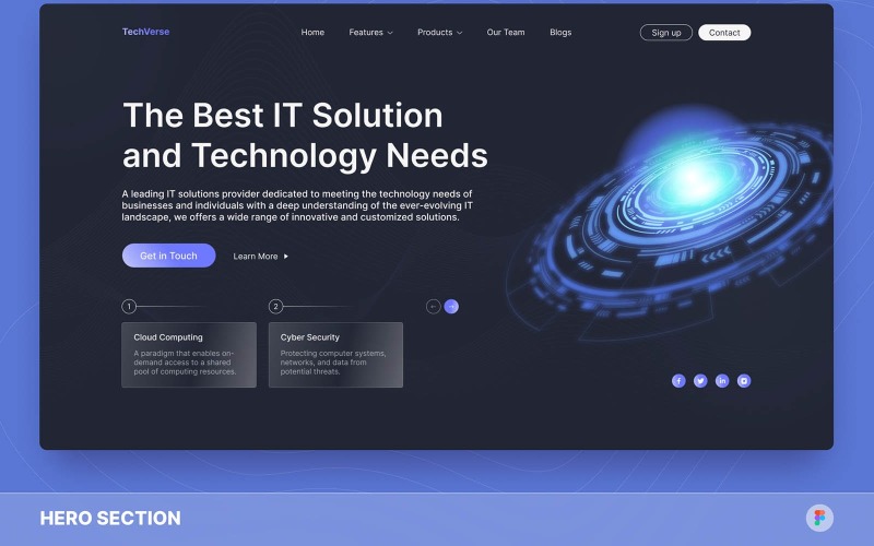 TechVerse – ІТ-рішення та технологія, шаблон Figma Hero Section