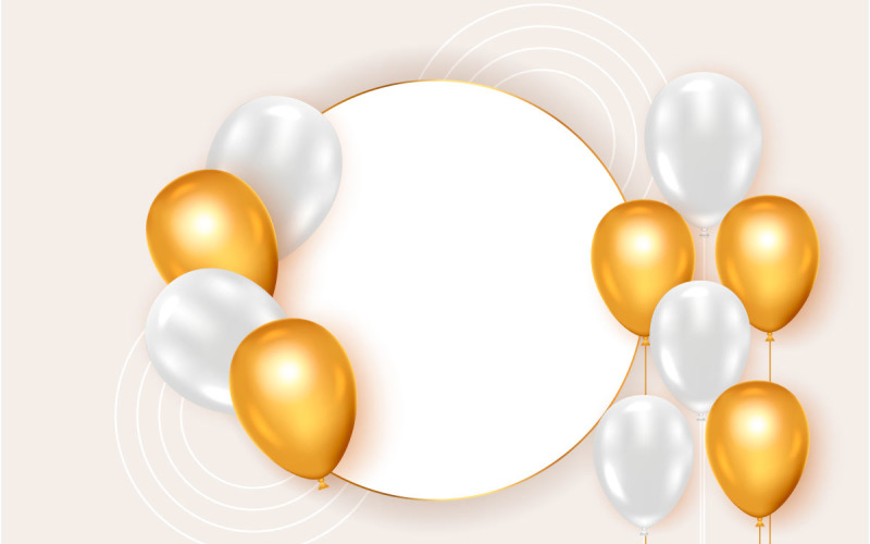 Moldura de aniversário com conjunto de balão dourado realista e confitty dourado