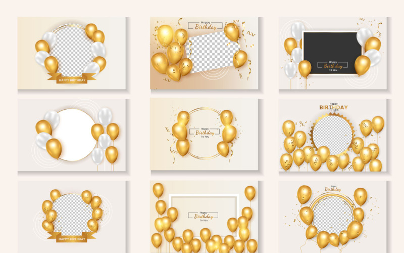 Pacote de moldura de aniversário com balão dourado realista com confitty dourado