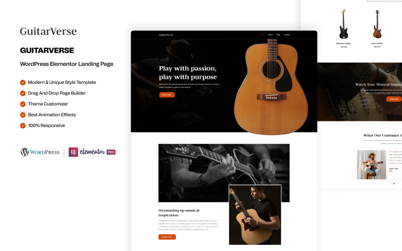 GuitarVerse – Gitar ve Müzik Ekipmanları WordPress Elementor Açılış Sayfası
